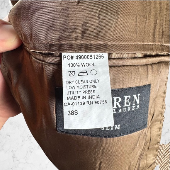 Lauren Ralph Lauren Mens 38S Slim Fit 100% Wool Herringbone Blazer Brown - Picture 6 of 10